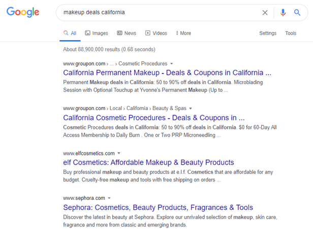 The Google search result shows how results for transactional intent are displayed