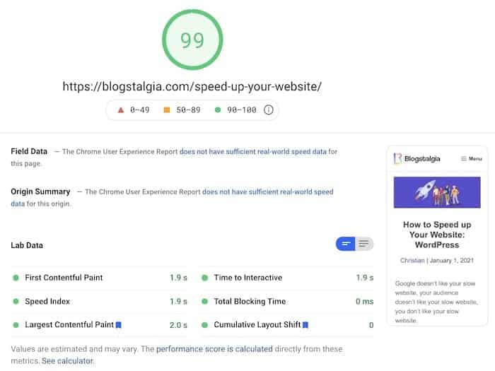 Pagespeed Insights speed test
