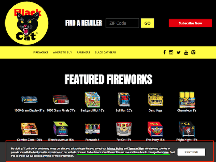 Example of a cookie consent banner for the Black Cat Fireworks website