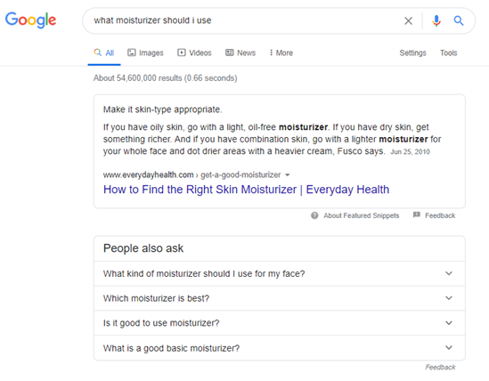 The Google search result shows how information intent gets results in answer boxes