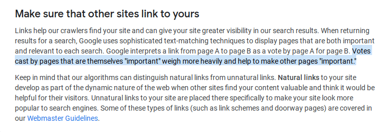 An excerpt from Google Webmaster Guide highlighting importance of quality backlinks