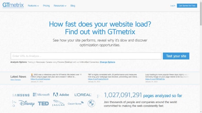 gtmetrix - homepage