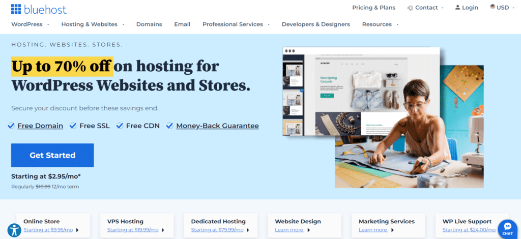 Bluehost Vs. A2 Hosting; Bluehost homepage