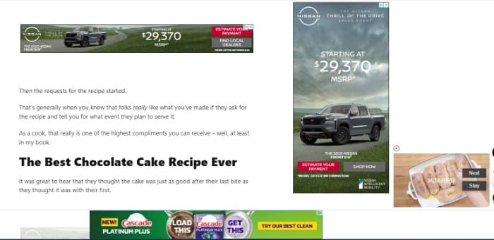 Ads on a cake recipe website