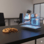 A cookie sitting on table with a sleek new dashboard design.