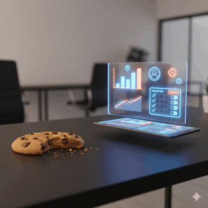 A cookie sitting on table with a sleek new dashboard design.