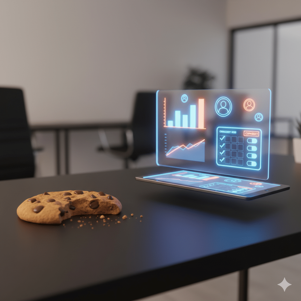 A cookie sitting on table with a sleek new dashboard design.