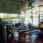 Spacious and modern food production plant interior with industrial machinery and processing line.