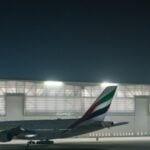 A serene scene of an Emirates Airbus A380 aircraft stationed at an airport hangar illuminated at night.